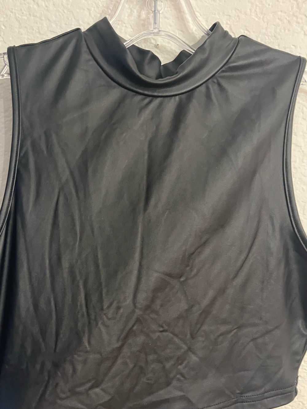 BLACK FAUX VEGAN LEATHER SLIGHT CROP TANK TOP